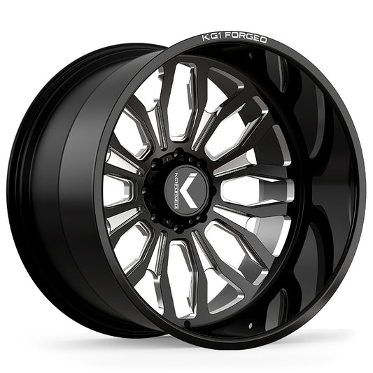 KG1 Forged HEATHEN Gloss Black Milled 8x180 wheel, face view